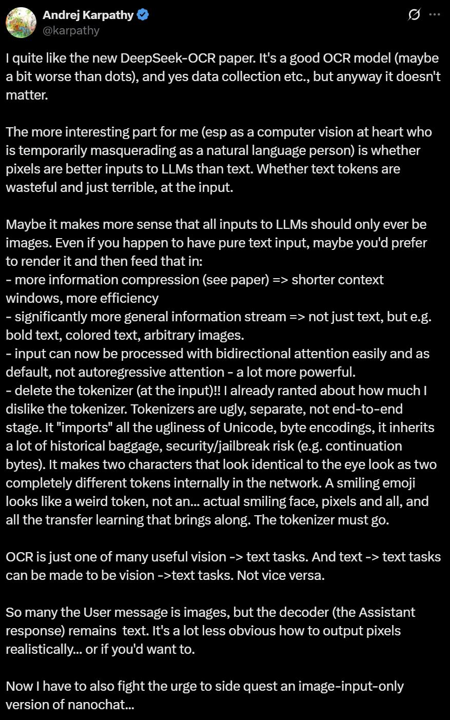 视觉时代来临，Karpathy盛赞DeepSeek新模型，分词器将被历史淘汰！