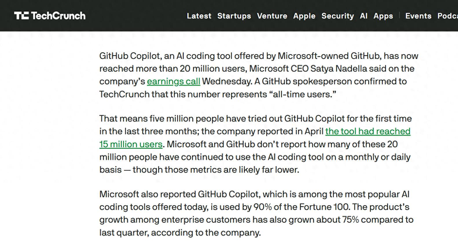 微软AI编程助手GitHub Copilot用户数量突破2000万！